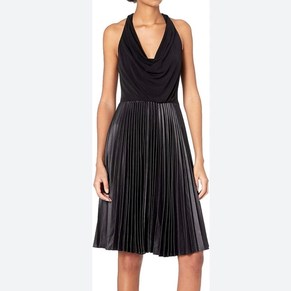 HALSTON HERITAGE 10 Black Pleated Fit & Flare Bow Accent Sleeveless Knee Dress